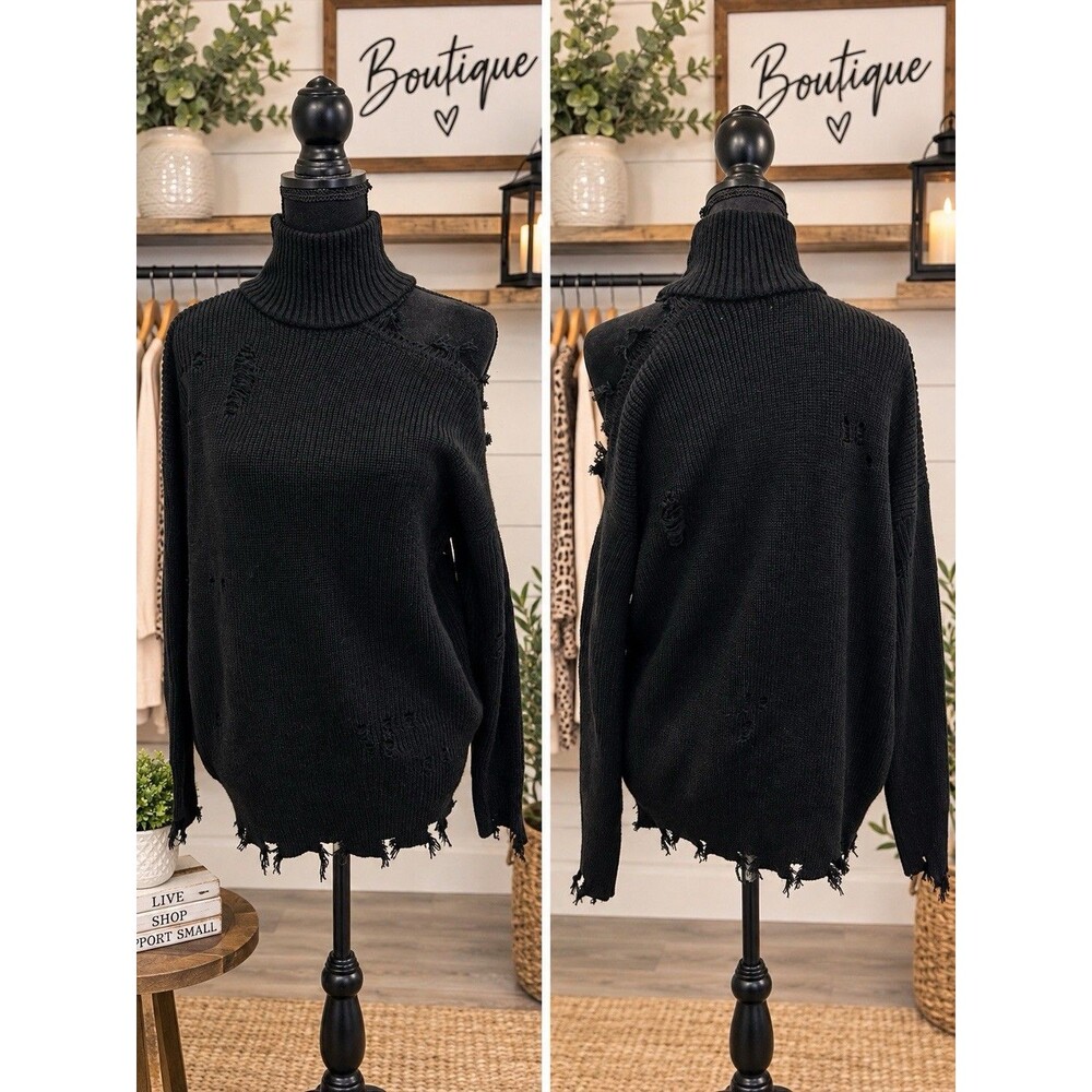Signature 8 Womens Sz S Black Distressed Black Sweater Cold Shoulder Cowl Neck